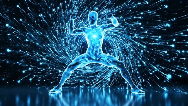 Blue translucent humanoid figure radiating energy on black background