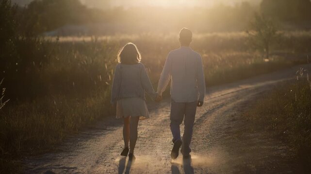 Romantic couple walking hand in hand down a sunlit rural path at sunset