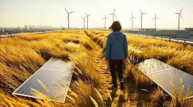 Energy consultant walking toward horizon with wind turbines