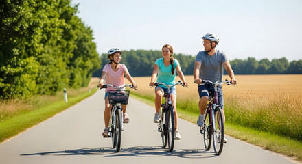 Fototapeta premium “Family riding bicycles together on countryside road, sunny day, active lifestyle.”