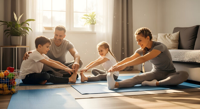 &ldquo;Parents and children doing stretching exercises together in living room, healthy routine.&rdquo;