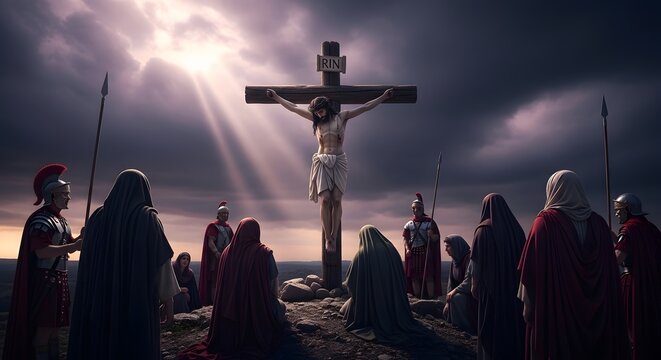 Jesus Christ Crucifixion on Calvary Hill with Disciples and Roman Soldiers.