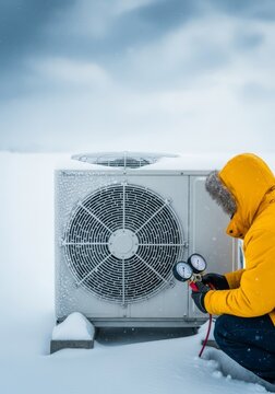 Critical examination of an exterior heat pump unit occurring amidst a winter snowstorm, highlighting cold weather operational checks, icy, utility, examination