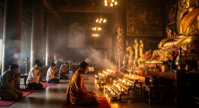 Monks Meditating in a Temple with Golden Buddha Statues and Candlelight.