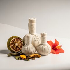 Aromatic herbal compress balls arranged for a therapeutic spa massage treatment promoting relaxation, detoxification, and natural wellness, relaxation, towel, stone