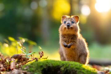 Fototapeta premium Quokka Standing Alert on Moss Covered Forest Floor in Soft Golden Light
