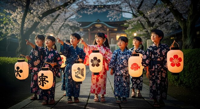 Japanese children in traditional yukata kimonos holding lanterns during a festival at night.