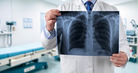 Young man doctor holding x-ray in hospital
