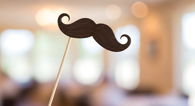 a classic dark brown mustache prop on a stick ready for fun set against a blurred background with soft bokeh lights.