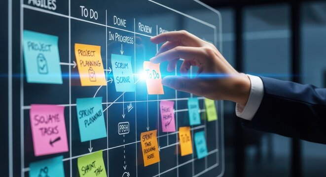 Closeup Businessman Hand organizing virtual sticky notes on agile board, representing scrum methodology, sprint planning, and flexible project workflow.