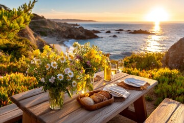 Fototapeta premium Serene Ocean Overlook with Picnic Setup at Sunset on Coastal Cliffside