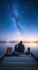 Fototapeta premium A serene pair sits on a wooden dock, gazing at a star-filled night sky. Outdoor adventure gear rests nearby, ready for exploration, boots, journey, waterfront