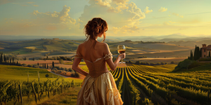 A woman enjoys wine at sunset in a golden vineyard