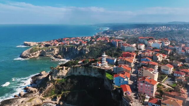 Sile drone video with its marina, lighthouse and charming beach in Istanbul, Turkiye.