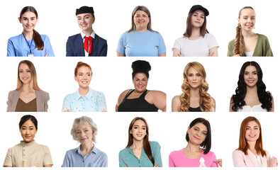Fototapeta premium Group of beautiful women on white background. Collection of different portraits
