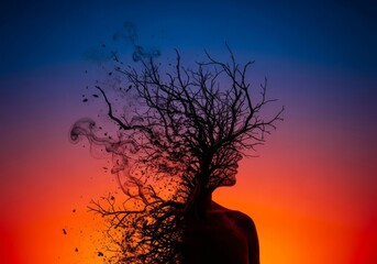 Aged silhouette dissolving into smoky, twisted branches of a conceptual tree, symbolizing profound mental struggle, stress, and emotional turmoil, gray, problem, solitude