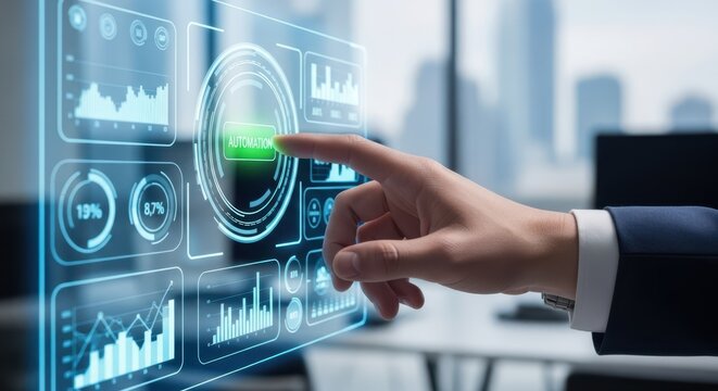 Closeup Businessman Hand selecting Automation mode on dashboard, representing process efficiency, removing manual work, and technological upgrade.