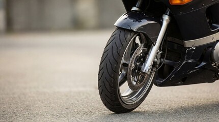 Fototapeta premium Motorcycle wheel on simple street background, road safety concept related to car accidents and repair.
