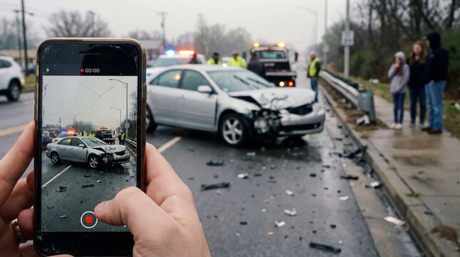 Man record a car accident scene with a smashed vehicle on the road for insurance claim. Evidence collection at a crash for legal and claim process.