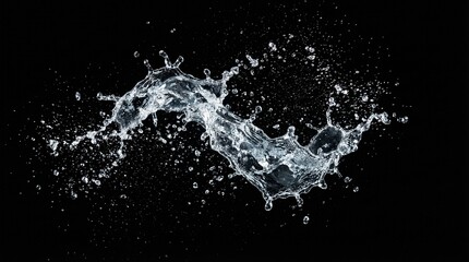 Dynamic clear water splash frozen in high speed motion isolated on a solid black background.