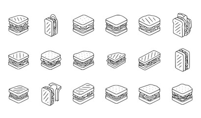 A set of black and white line art illustrations of various sandwiches