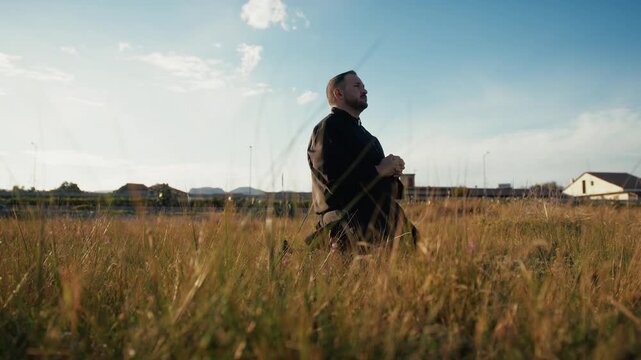 Monk On His Knees Feeling The Christianity 