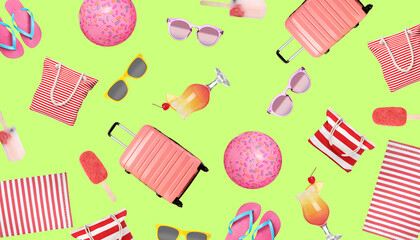 Seamless pattern of different summer objects on light green background. Bright banner design