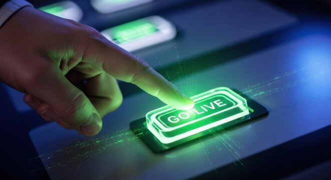 Closeup Businessman Hand touching Go Live button, representing broadcasting, launching product, real time event, and streaming technology.