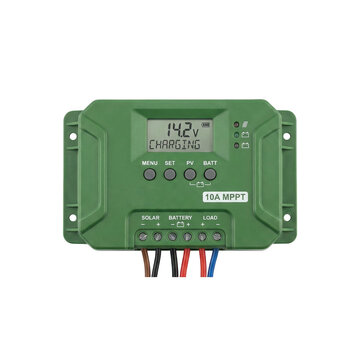 Agri smart farming biotech solar charge controller displaying 14.2V charging status on LCD with wiring and buttons for battery load PV connections