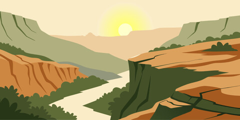 Beautiful mountain valley with winding path and sunset light in flat vector style. Ideal for travel posters, hiking themes, nature backgrounds, tourism promotion, and outdoor adventure designs. © yossi
