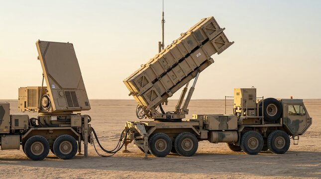 Two large tan military vehicles, a missile launcher and a radar unit, stand ready in a vast desert landscape under a clear golden sky, representing modern defense technology.