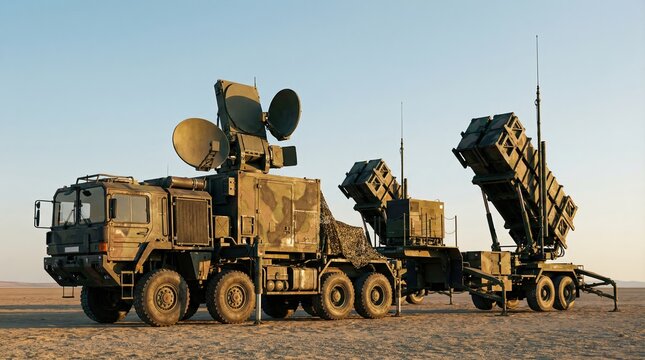 A powerful military missile defense system, featuring a radar truck and launcher, stands deployed in a barren desert landscape under a clear sky, symbolizing national security.
