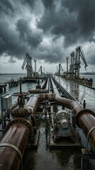 Fototapeta premium Rusty industrial pipelines and loading arms extend along a wet pier under a dramatic, cloudy sky at a maritime oil terminal, symbolizing global energy infrastructure.
