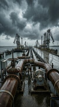 Rusty industrial pipelines and loading arms extend along a wet pier under a dramatic, cloudy sky at a maritime oil terminal, symbolizing global energy infrastructure.