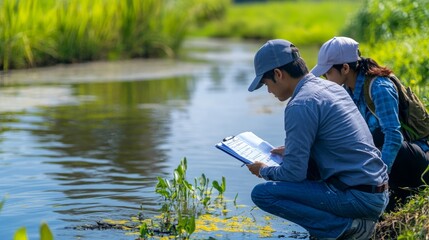 Two researchers examining a waterway