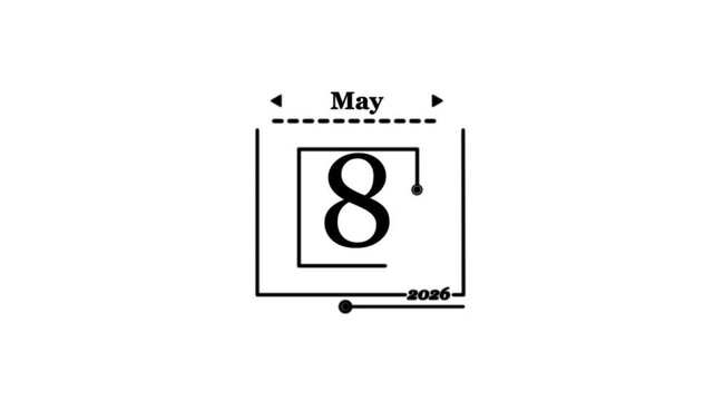May 8th calendar icon with year 2026 date eight. A very important date in the calendar. Signing a day on a calendar. white background.4k