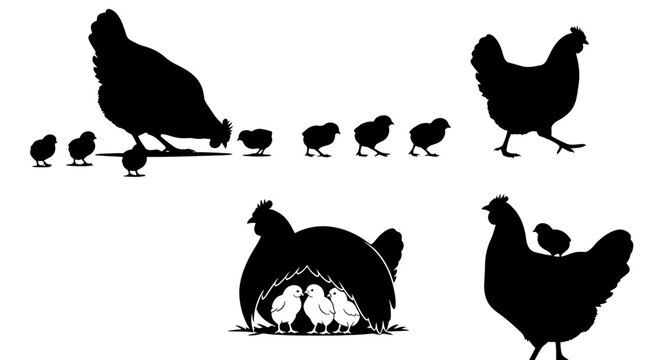 Silhouette of Hens with Chicks Feeding.