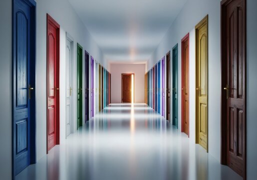 A long hallway stretches, lined with numerous closed doors, each suggesting distinct temporal opportunities. Navigating life's diverse choices and paths, perspective, multiple, way