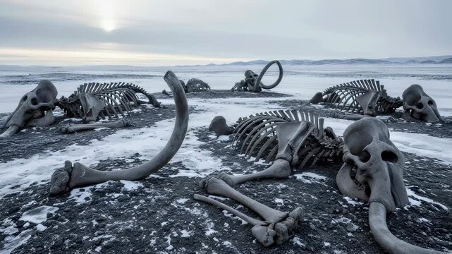 Winter sunset over woolly mammoth skeletons on snowy arctic plain representing prehistoric animal extinction or ice age end