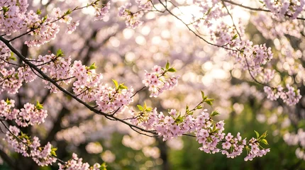Fotobehang Bloesem Delicate pink cherry blossoms in full bloom on tree branches.  © MayStudio.ai