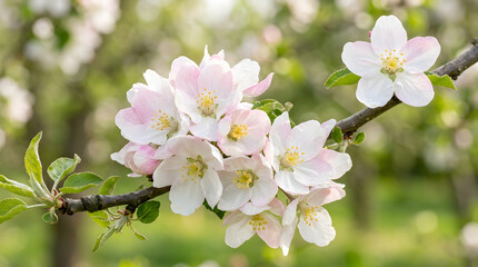 Obraz premium Delicate white and pink apple blossoms blooming on a branch in spring.