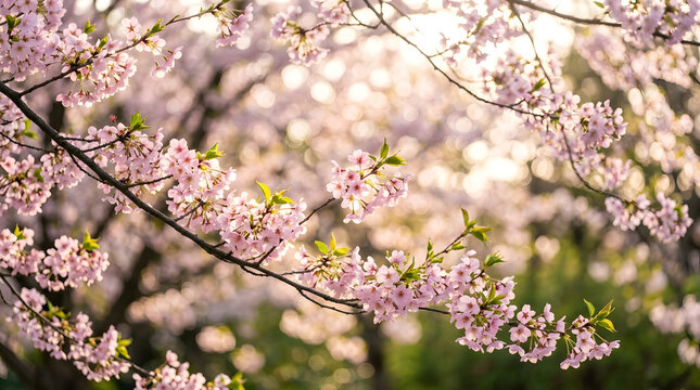Delicate pink cherry blossoms in full bloom on tree branches.