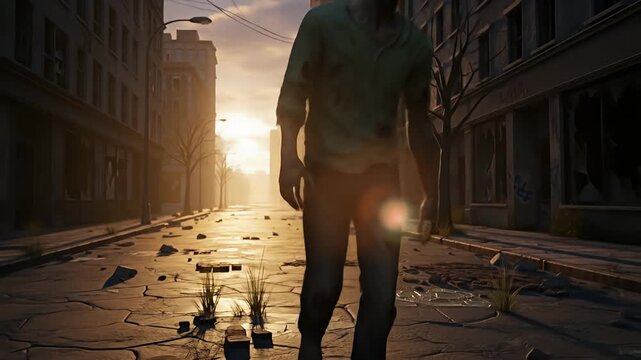 Zombie lumbers down a desolate, cracked city street under a warm sunset glow