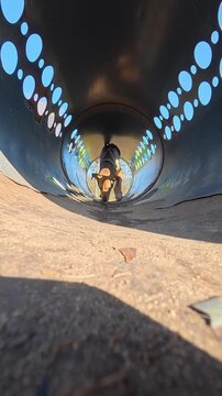 Funny dog running through agility tunnel during training. Active mixed-breed mongrel pet exploring obstacle course outdoors, showing curiosity, movement, and playful behavior during walk or exercise