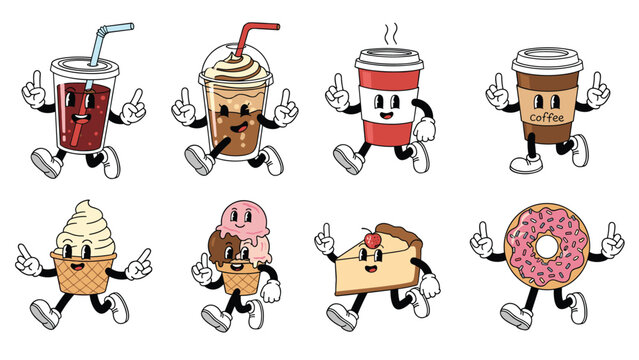Dynamic collection of eight retro cartoon food and drink characters, including various beverages, ice creams, cheesecake, and a donut, all happily walking and pointing upwards.