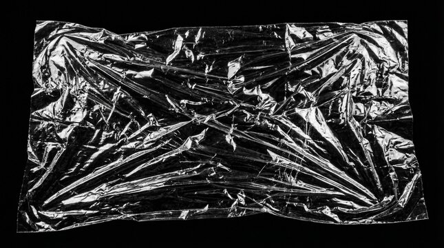 Wrinkled clear plastic shrink wrap texture with glossy reflections isolated on a black background.