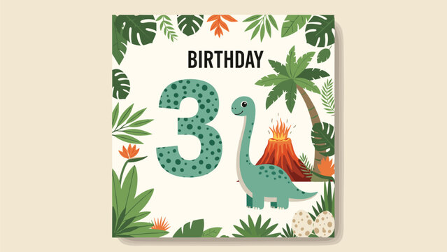 Cheerful birthday card for a three-year-old, featuring an adorable dinosaur, erupting volcano, lush palm trees, and tropical foliage.