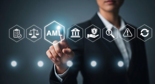 Businesswoman touching AML icon for anti money laundering compliance and banking