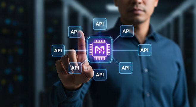 Man touching API interface icon with software development and integration concept