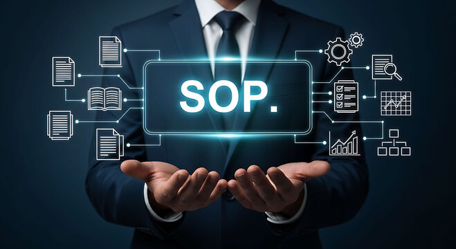 Businessman holding SOP standard operating procedure sign with business icons